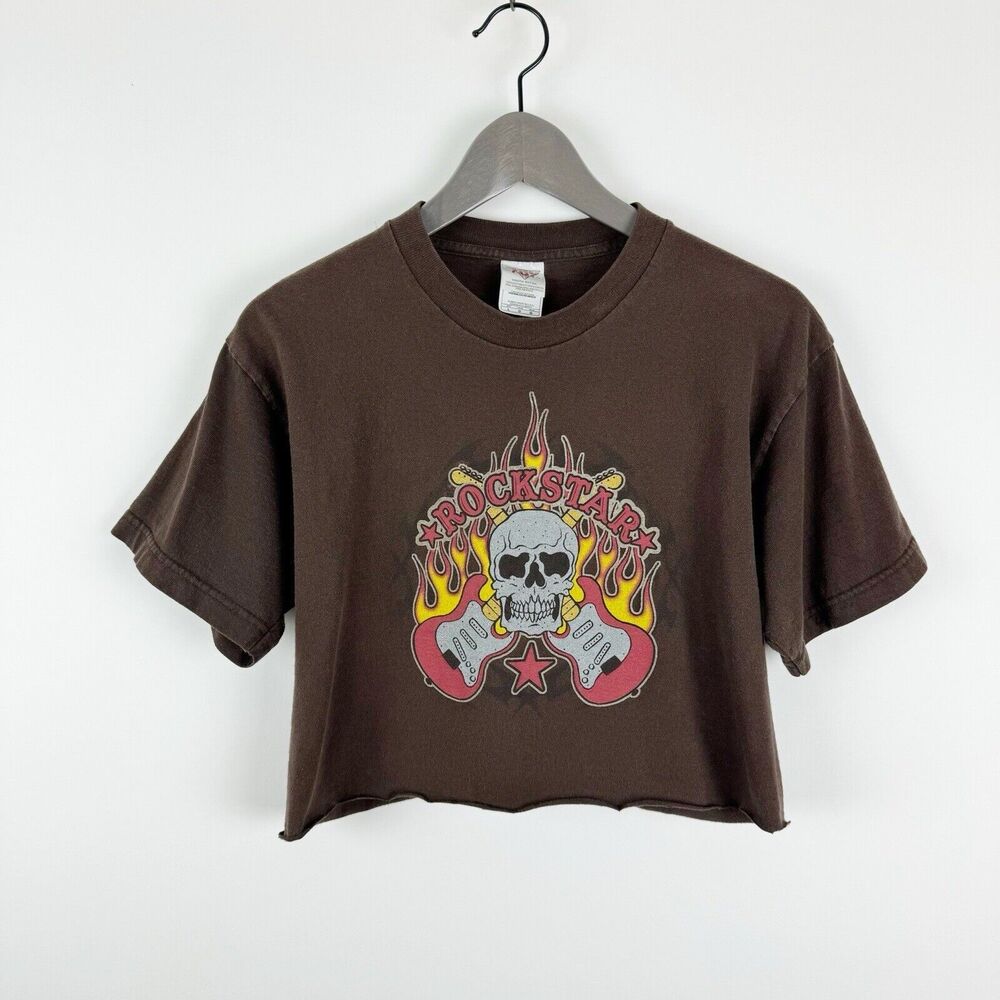 707 Youth Retail Girl's Brown Rockstar Short Sleeve Graphic Print Crop T-Shirt